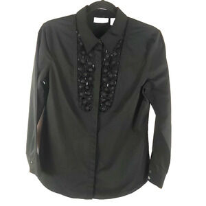 Chico's Women's Black Dress Shirt Size 0 Small Beaded Long Sleeve Formal Tuxedo